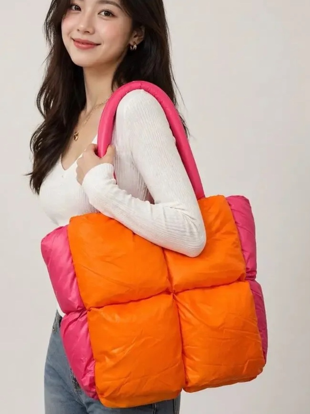 Amika Puffy Tote Bag Orange Pink Quilted Carryall Shoulder Bag